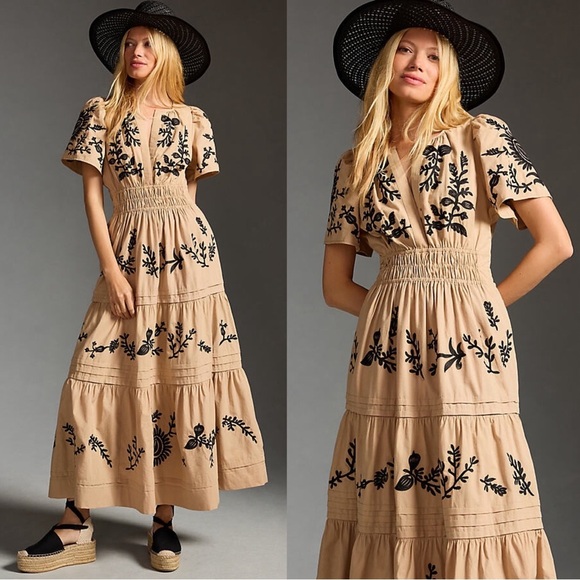 Anthropologie • The Somerset Maxi Dress: Embroidered Edition tan black floral - Picture 1 of 13